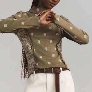 Anthropologie Olive Patterned Long Sleeve Top